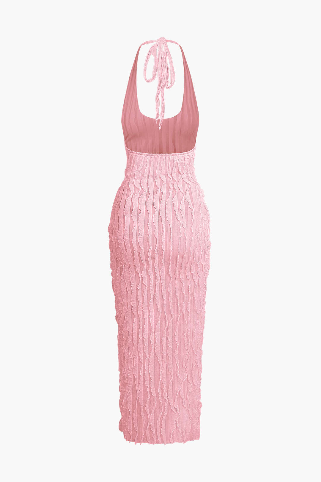 Şeffaf Volanlı Doku Halter Sırt Açık Maxi Elbise