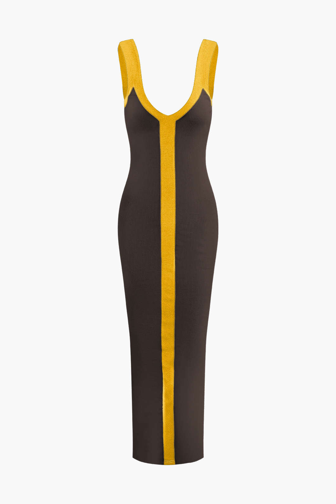 Renk Bloklu V Yaka Ribana Kesik Maxi Elbise