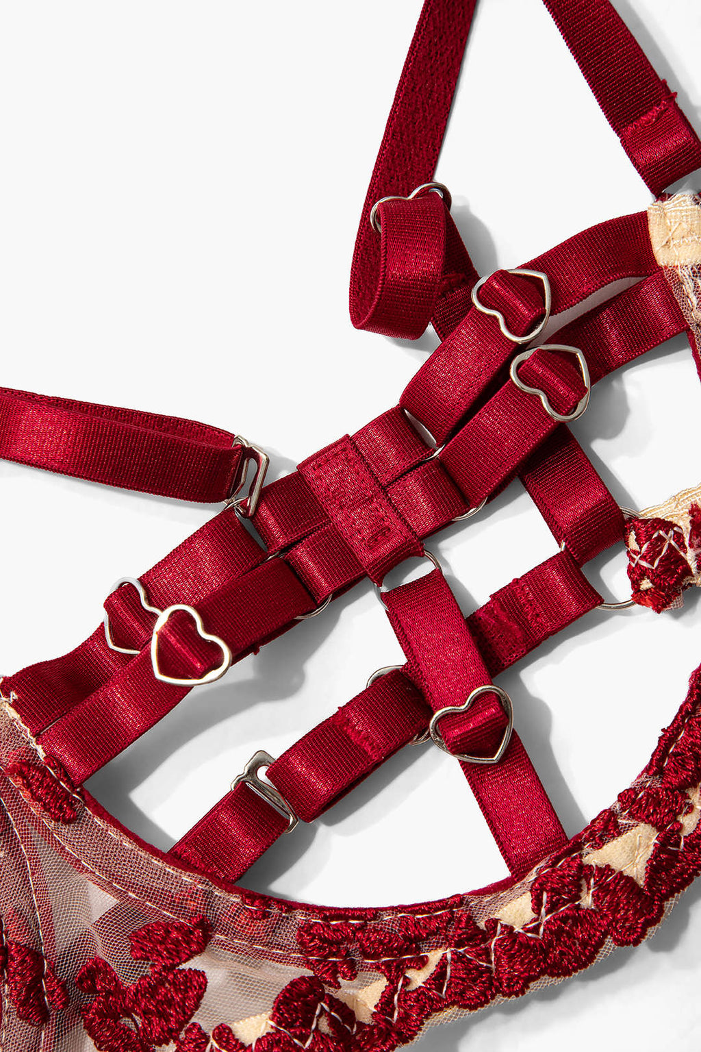 Tül Parchwork Metalik Kalp Şekilli Yüzük Kesik Detaylı Jartiyer Takımı