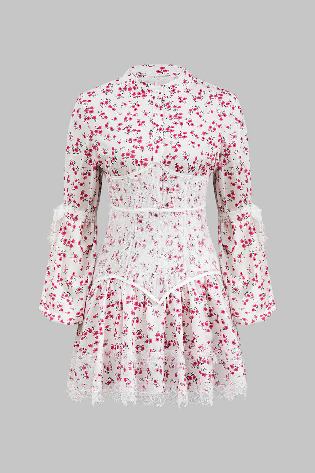 Dantel Kenar Detaylı Ditsy Çiçek Desenli Uzun Kollu Mini Elbise