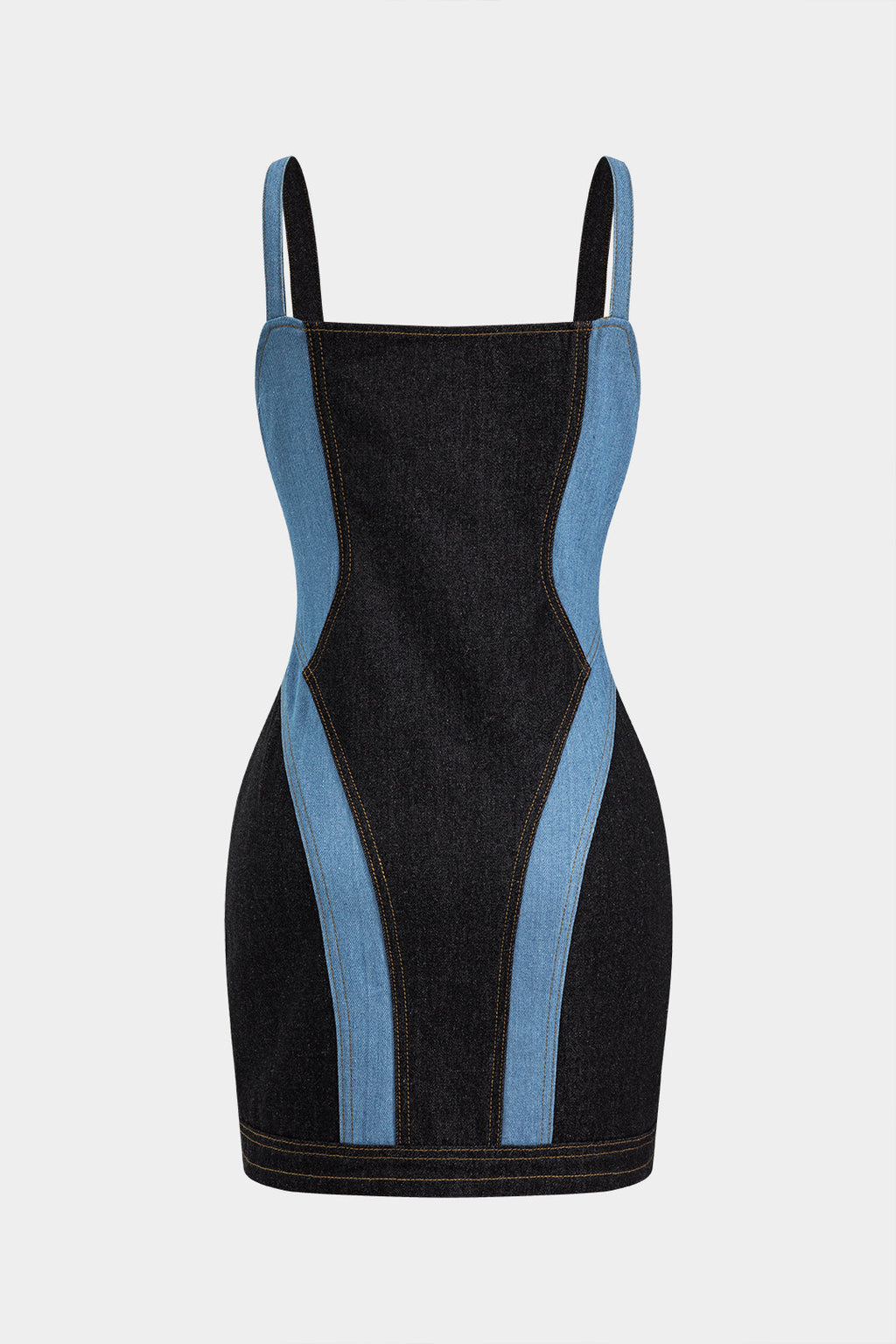 Kontrast Denim Patchwork Fermuarlı Bustiyer Elbise