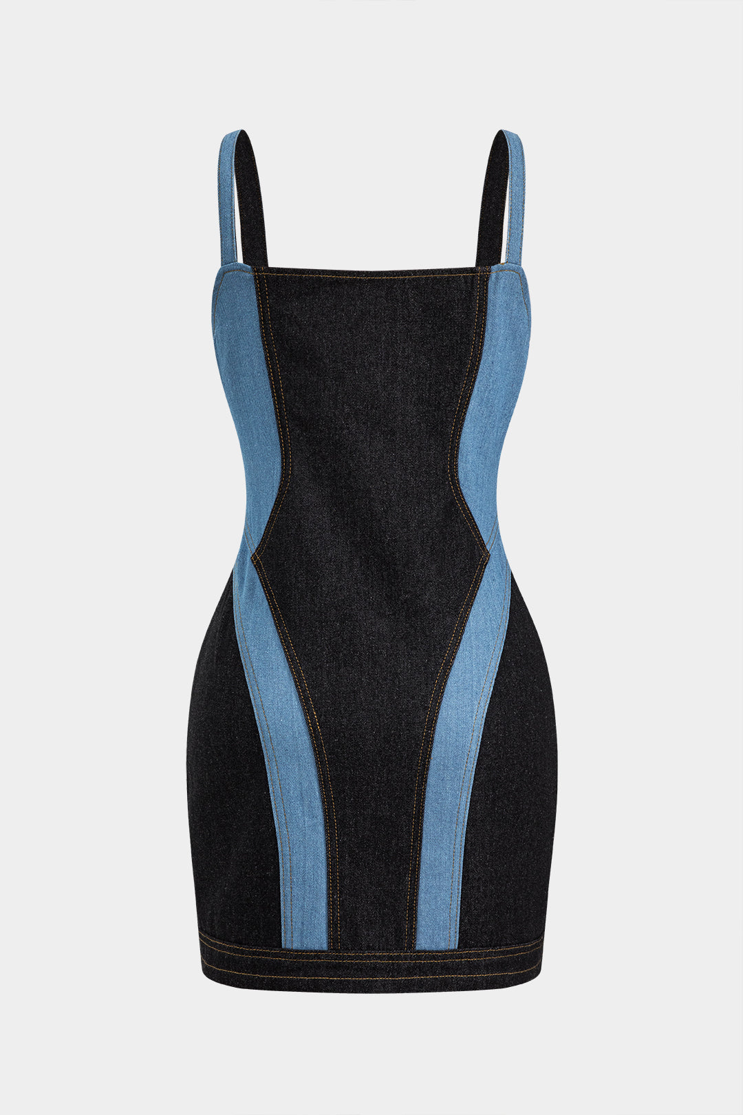 Kontrast Denim Patchwork Fermuarlı Bustiyer Elbise