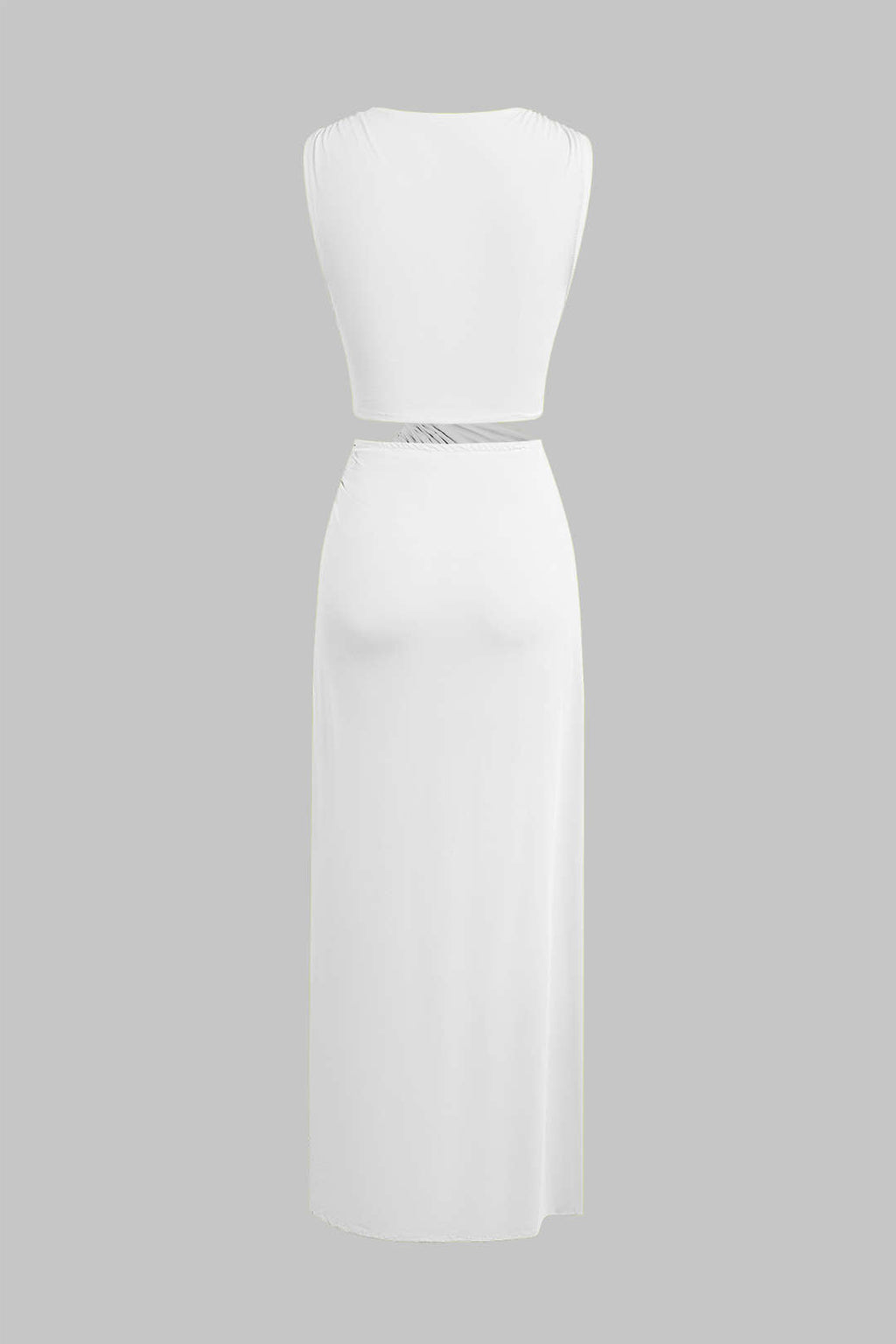 Kesik Detaylı Dönme Bağlama Kolsuz Yırtmaçlı Midi Elbise