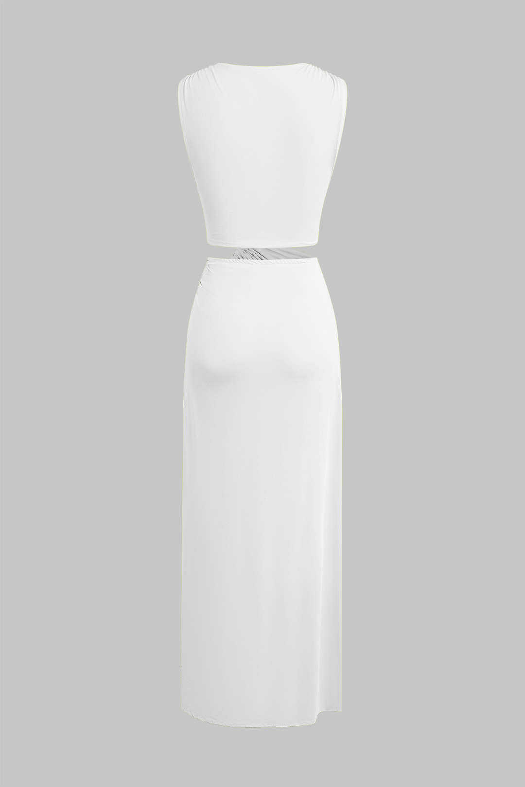 Kesik Detaylı Dönme Bağlama Kolsuz Yırtmaçlı Midi Elbise