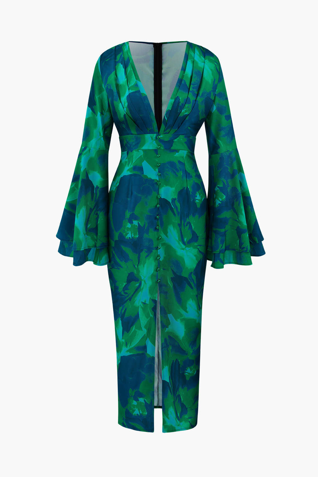 Çiçek Desenli V Yaka Yırtmaçlı Maxi Elbise