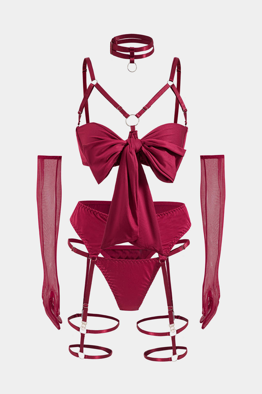 Choker Bağlama Öndeki Kesik Detaylı Lingerie Garter Seti ve Eldiven