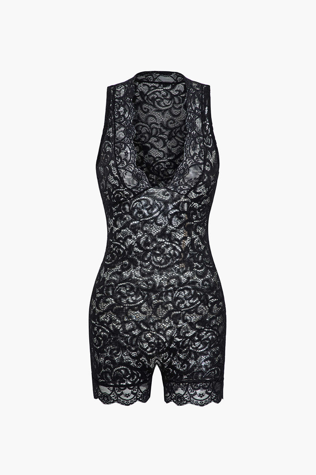 Dantel Şeffaf V Yaka Kolsuz Tulum