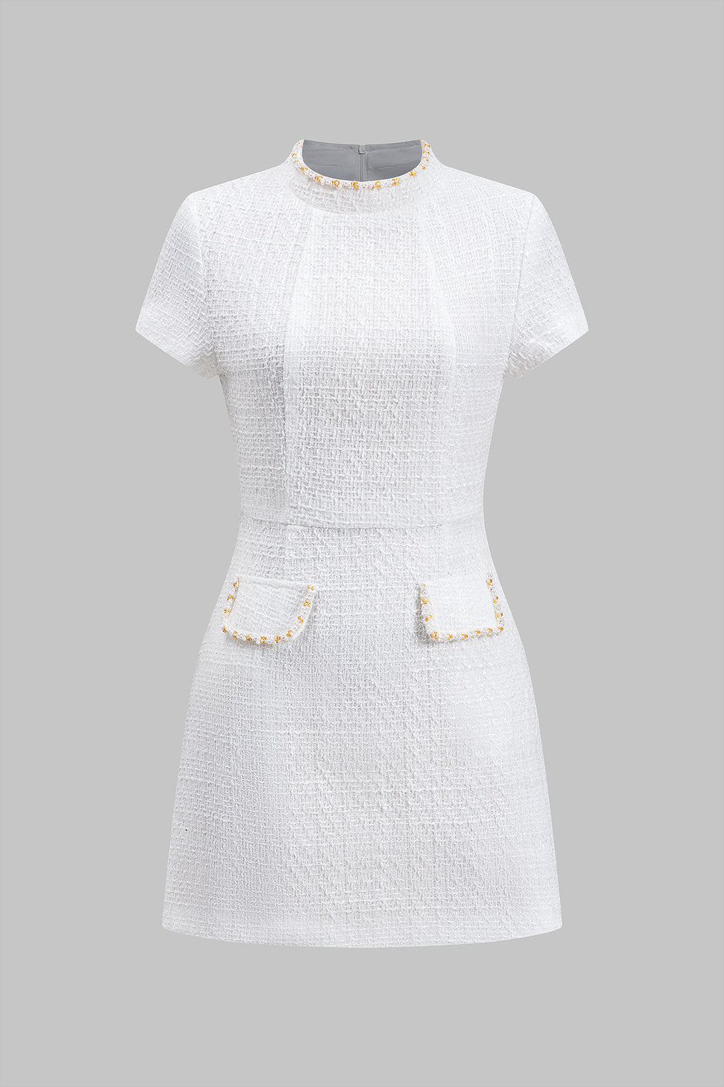 Boncuk Sahte Cep Fermuarlı Kısa Kollu Mini Elbise