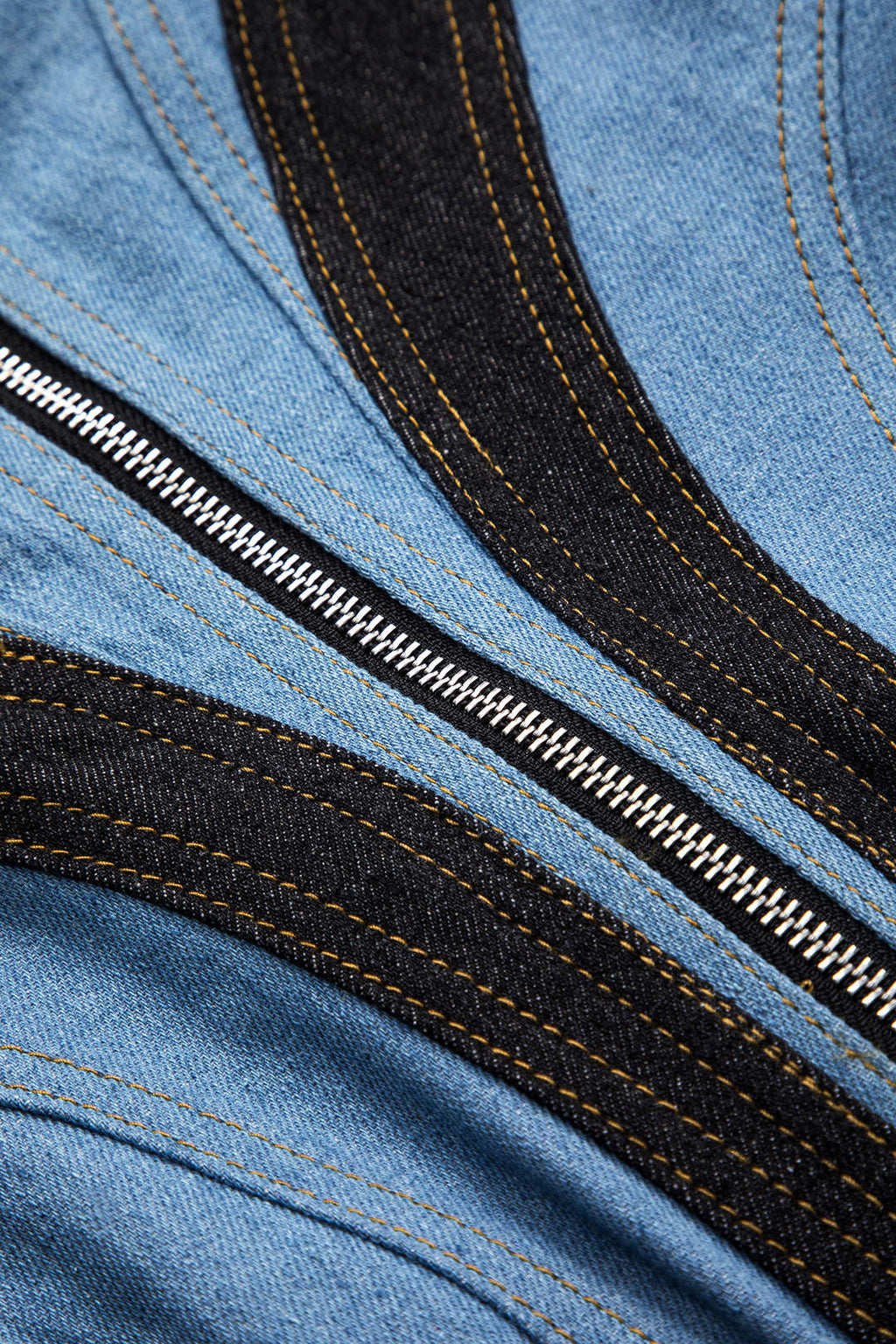 Kontrast Denim Patchwork Fermuarlı Bustiyer Elbise