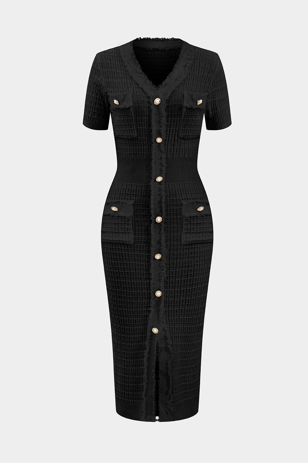 Örgü V-Yaka Düğmeli Kısa Kol Elbise