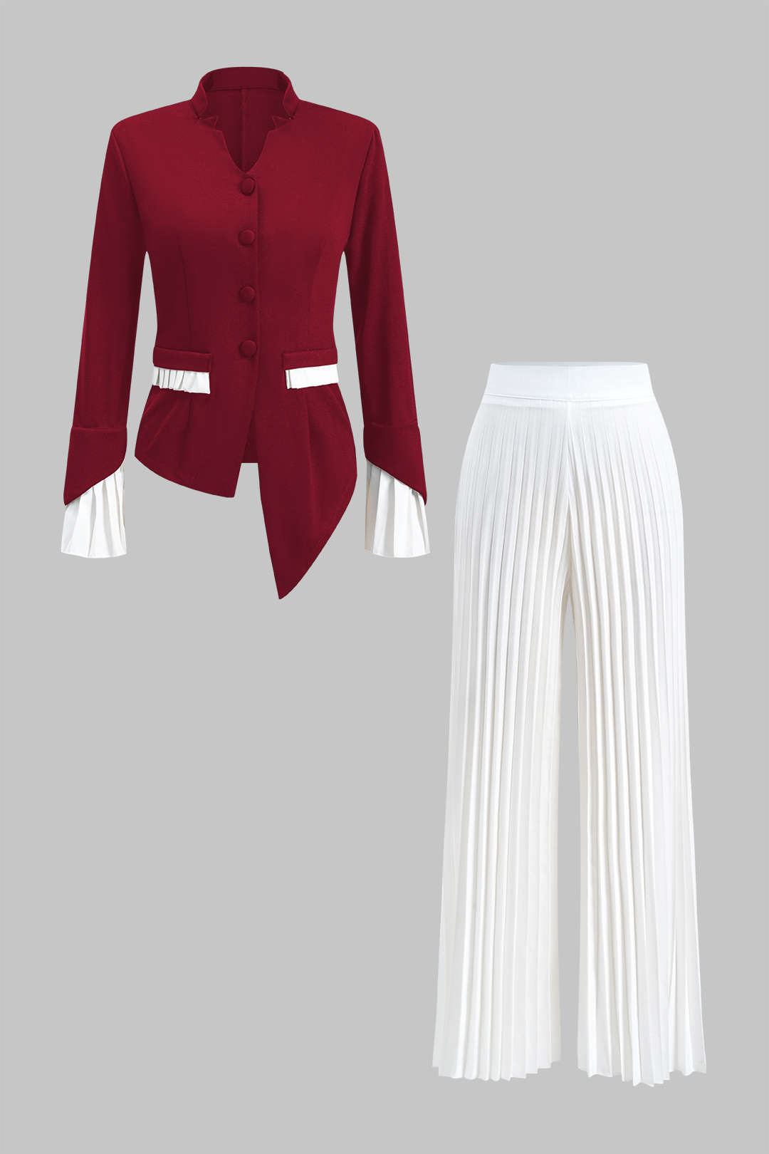 Kontrast Piliseli Düğmeli Cep Uzun Kollu Bluz ve Geniş Paça Pantolon Seti