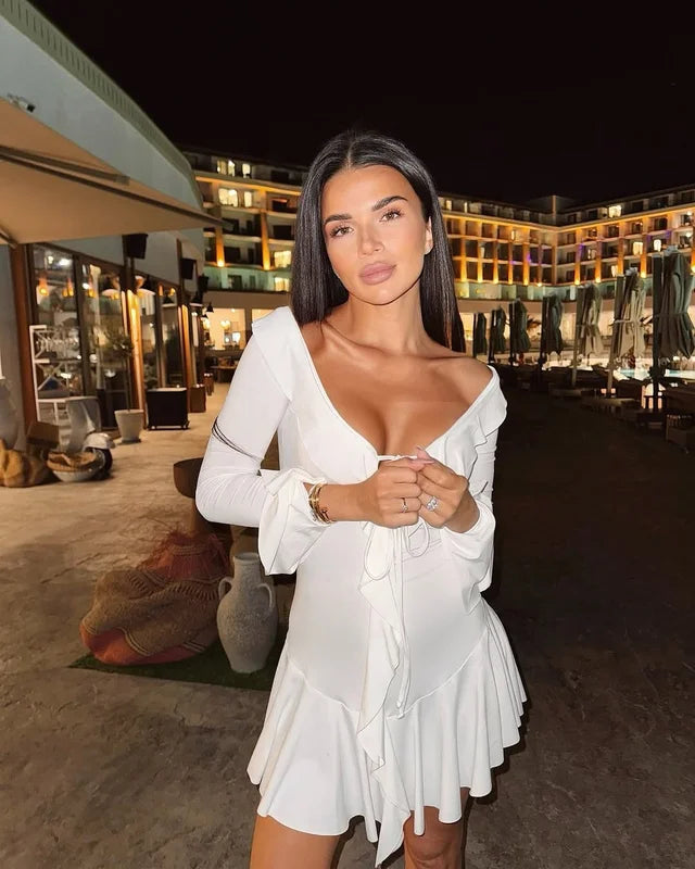 Kontrast Fırfır Yaka Mini Elbise