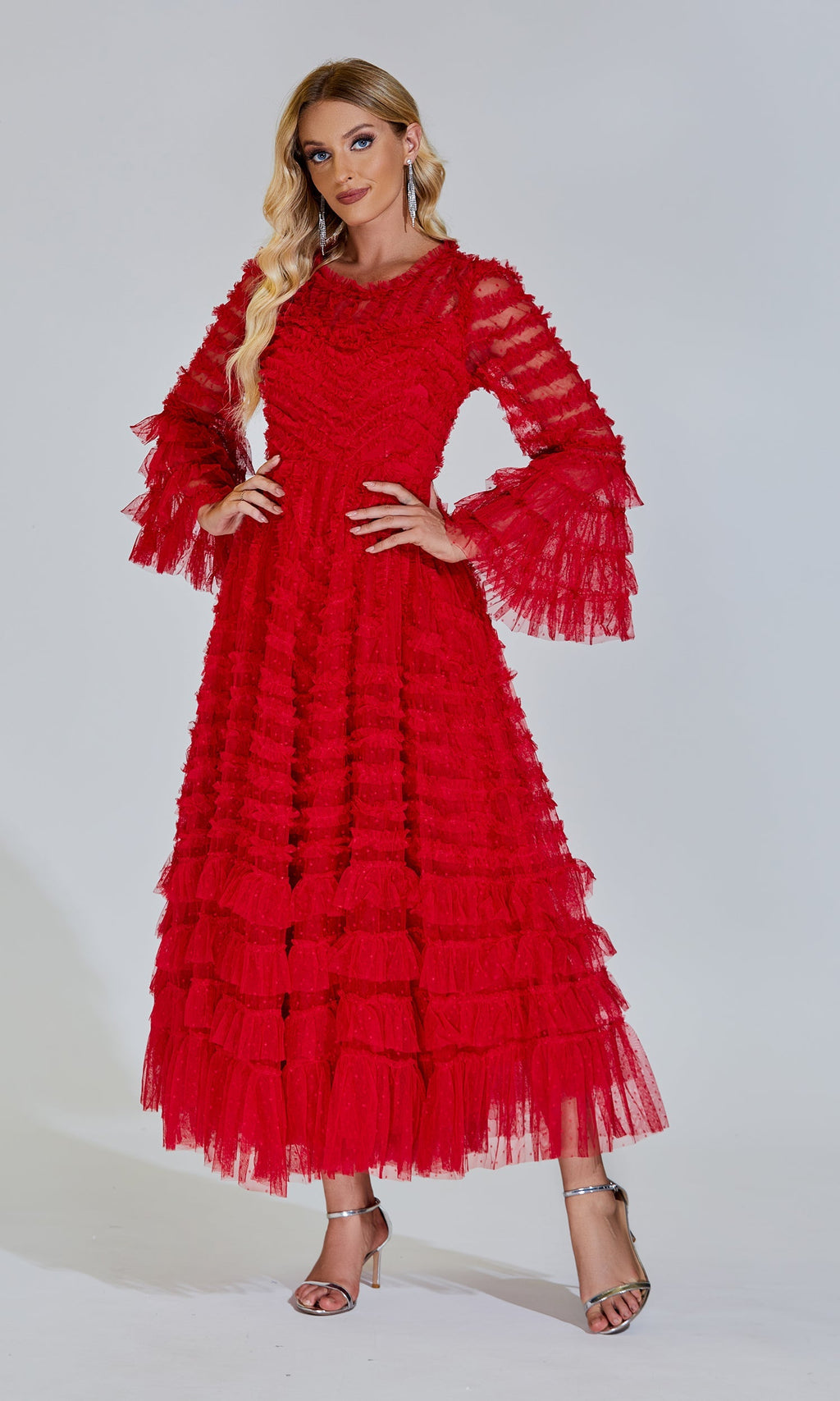 Kırmızı Uzun Kollu Maxi Elbise