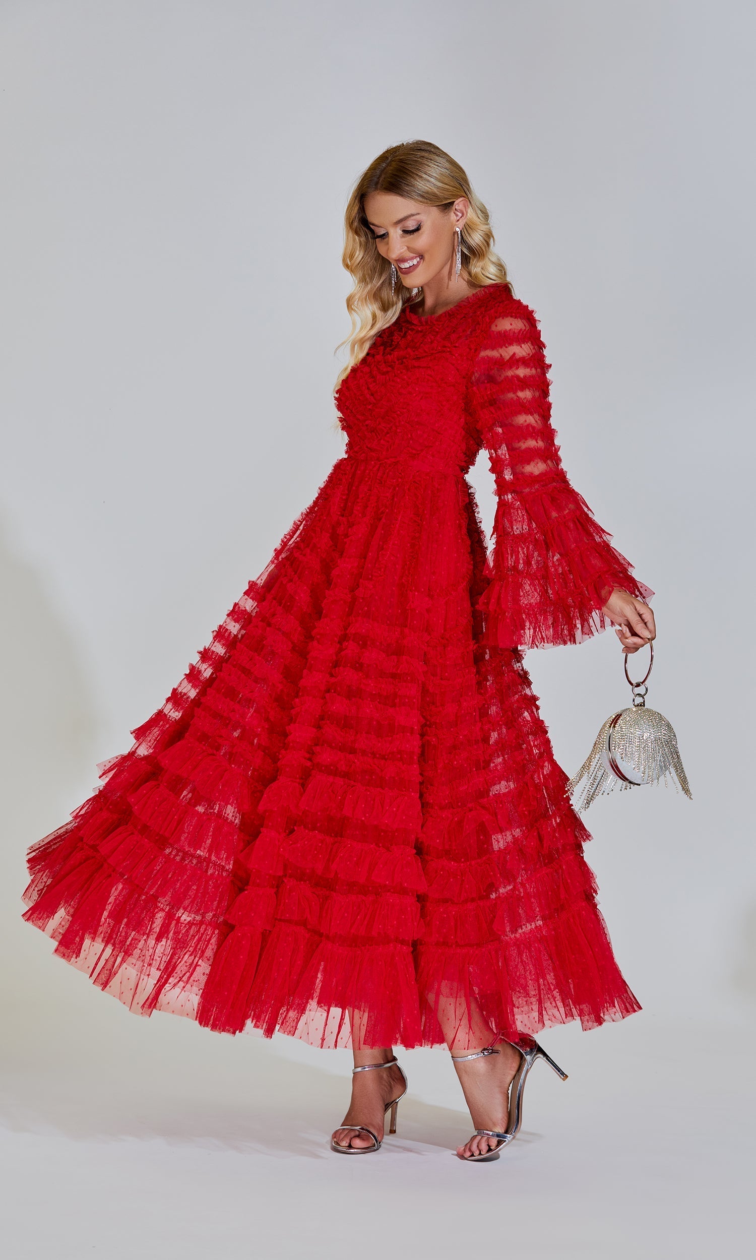 Kırmızı Uzun Kollu Maxi Elbise