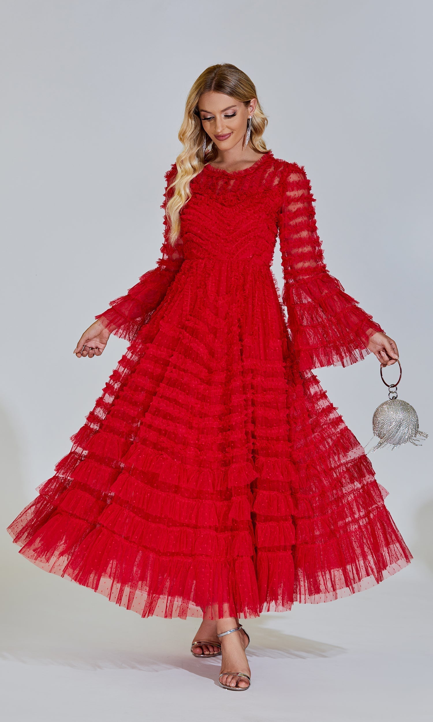 Kırmızı Uzun Kollu Maxi Elbise