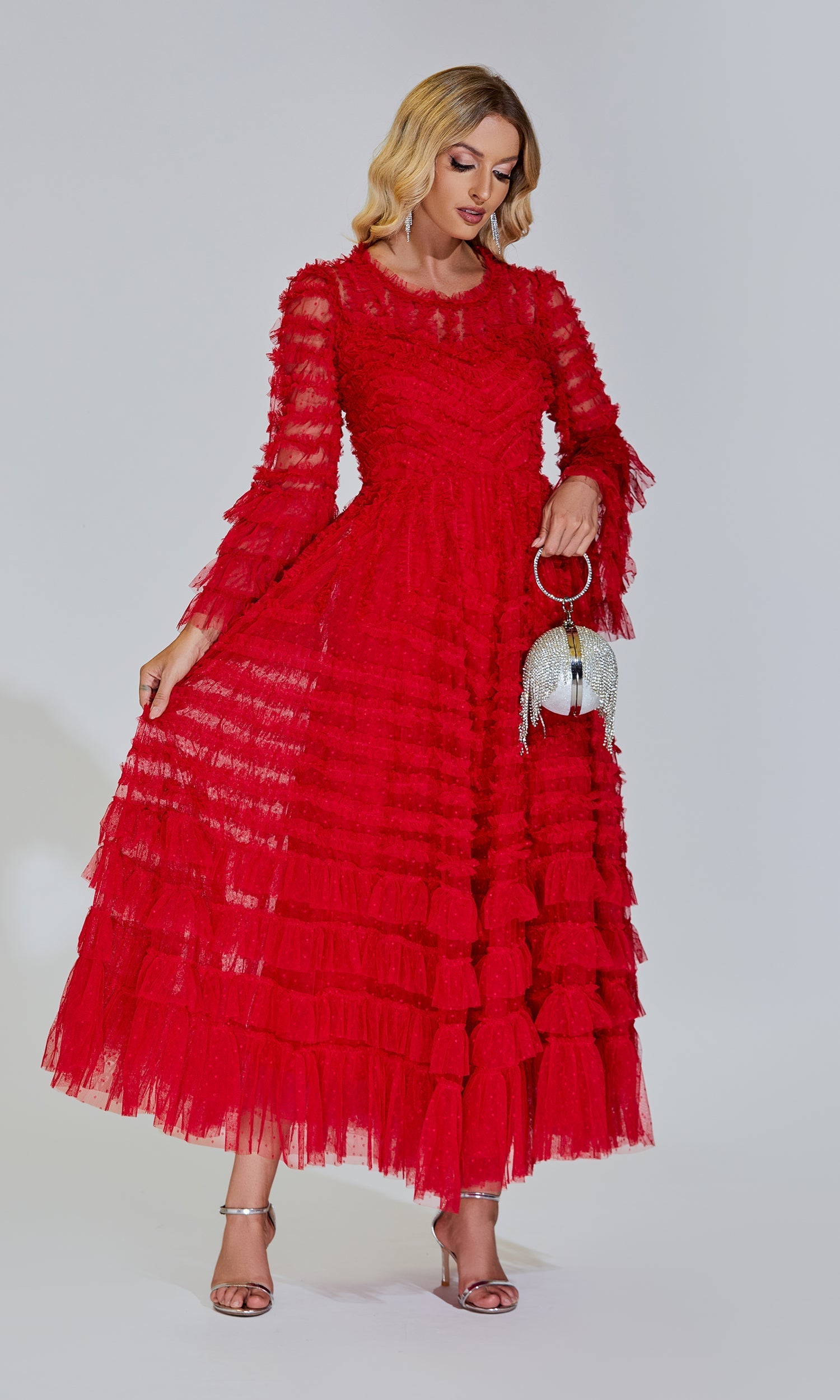 Kırmızı Uzun Kollu Maxi Elbise