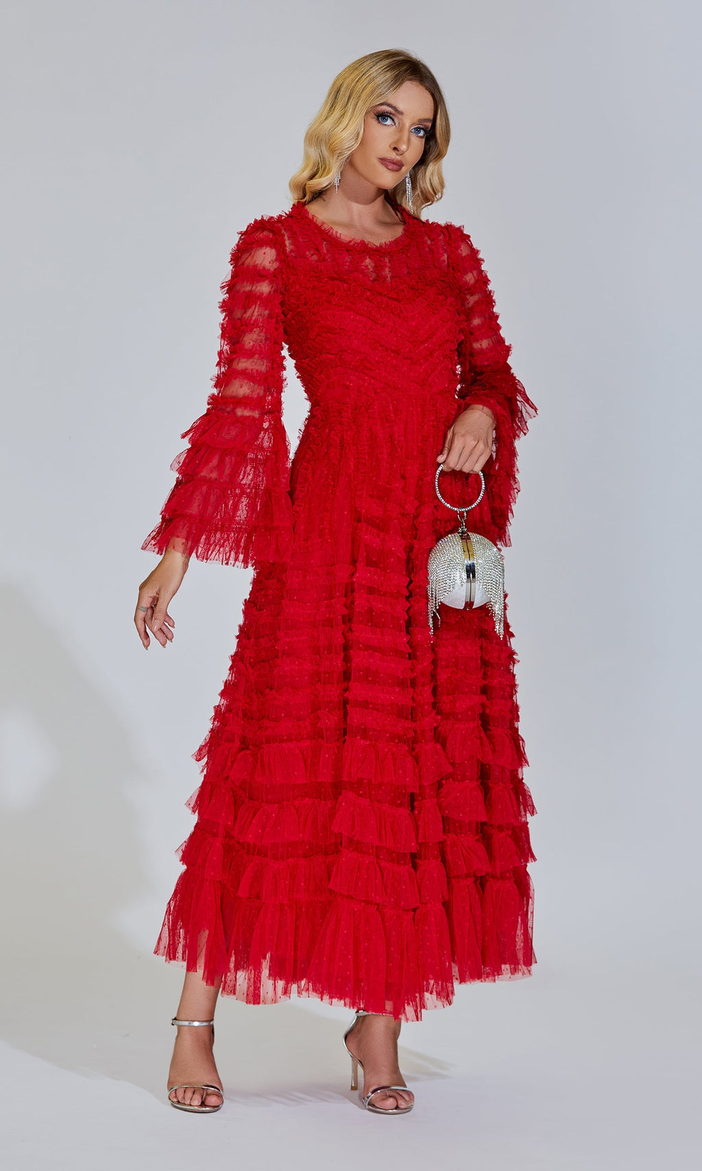 Kırmızı Uzun Kollu Maxi Elbise