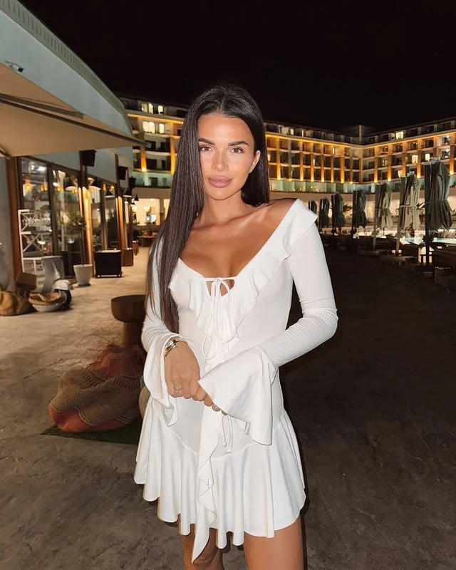 Kontrast Fırfır Yaka Mini Elbise