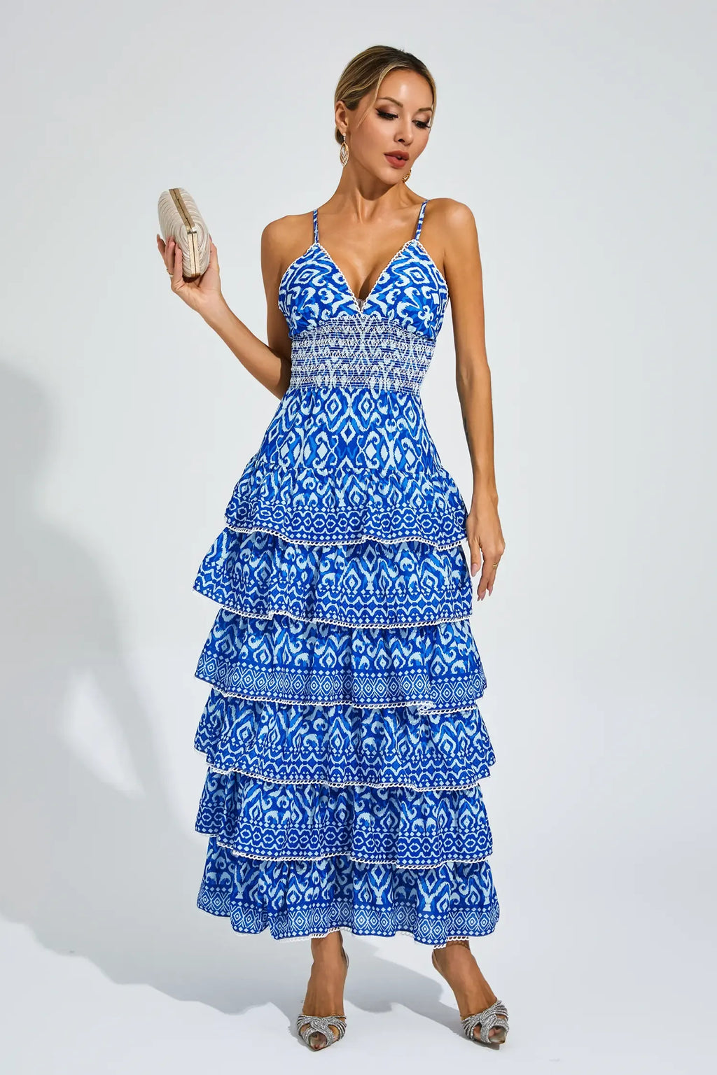 Adela Mavi Bohem Katlı Slip Maxi Elbise