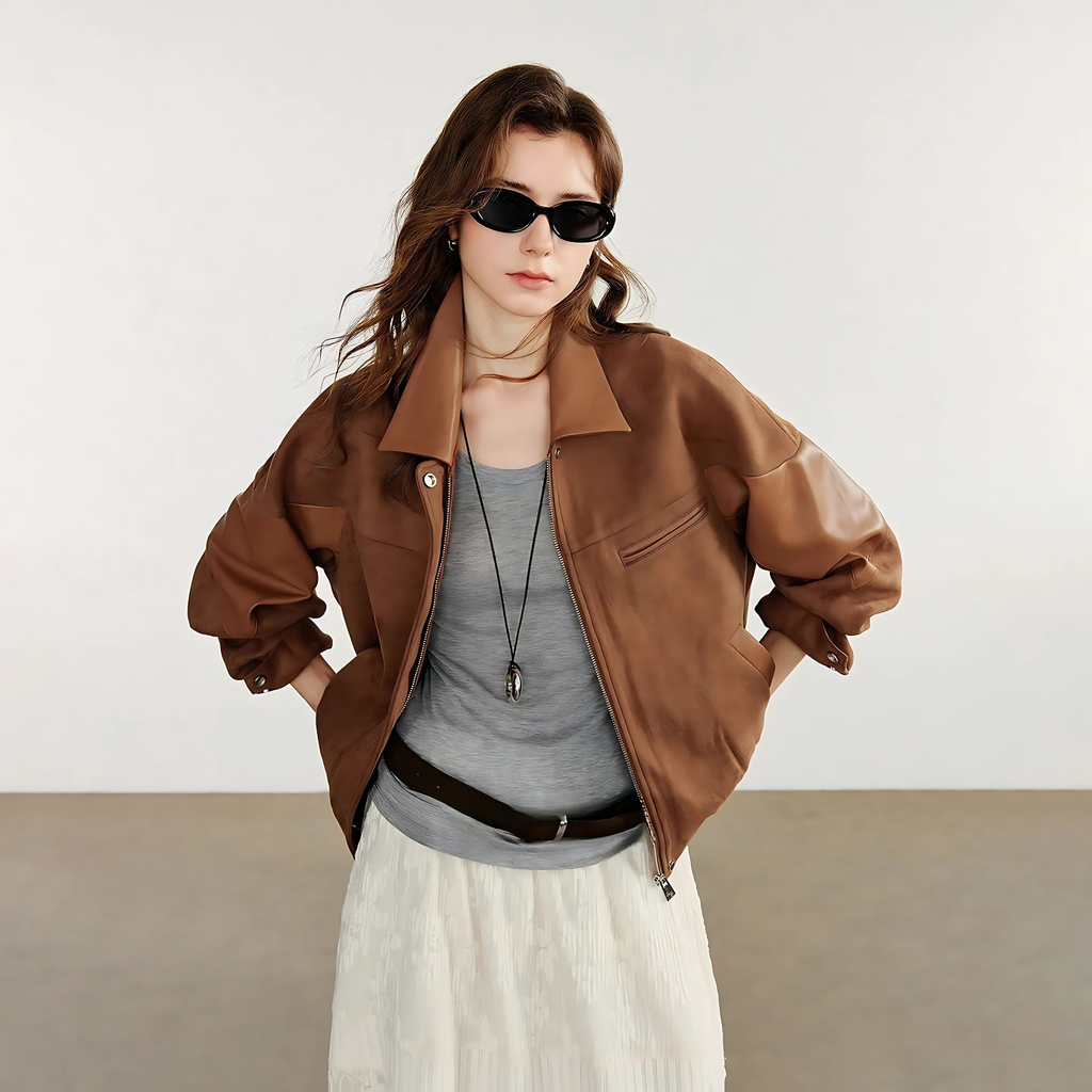 Oversize Kahverengi Deri Ceket