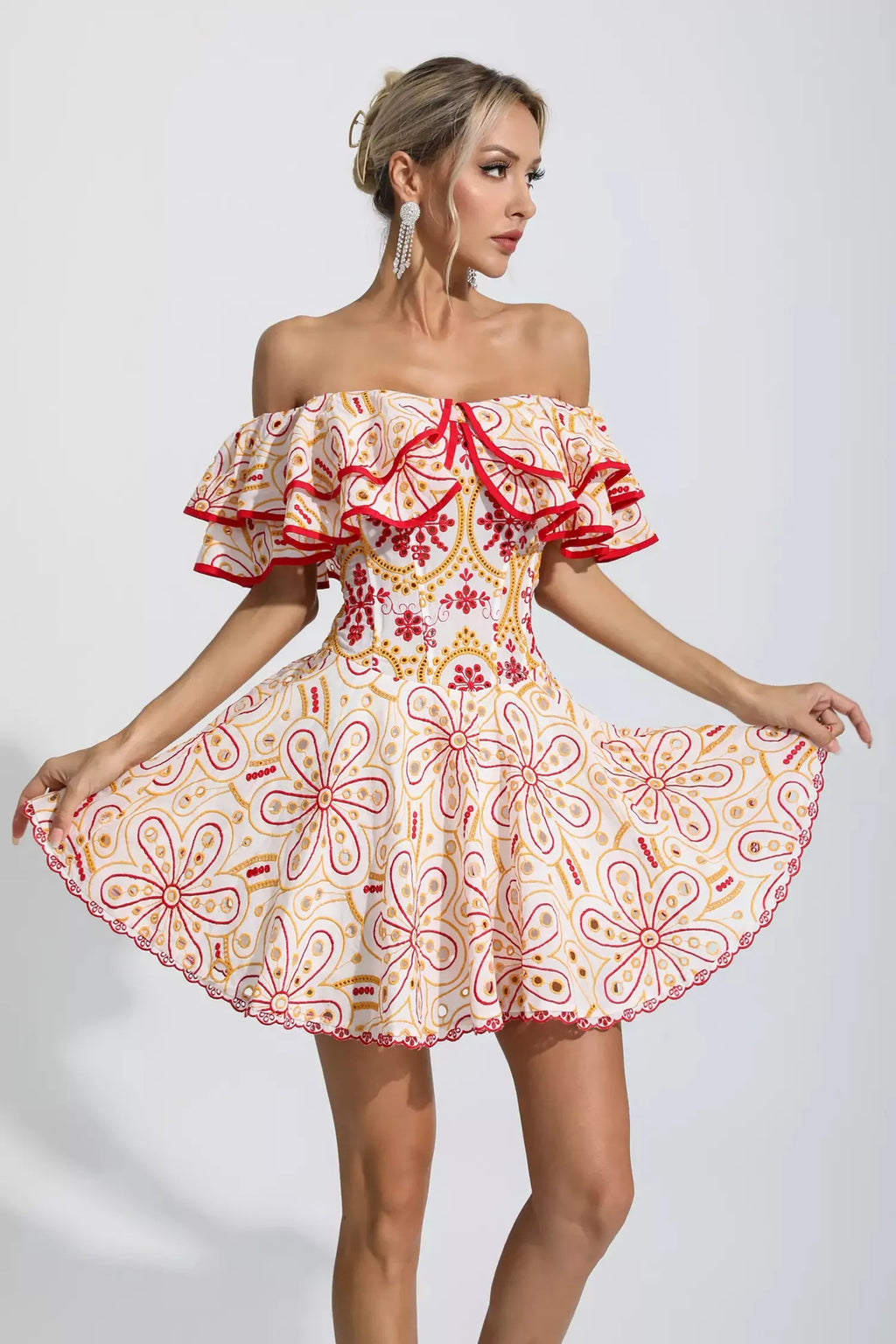 Amora Kırmızı Kesik Volanlı Mini Elbise