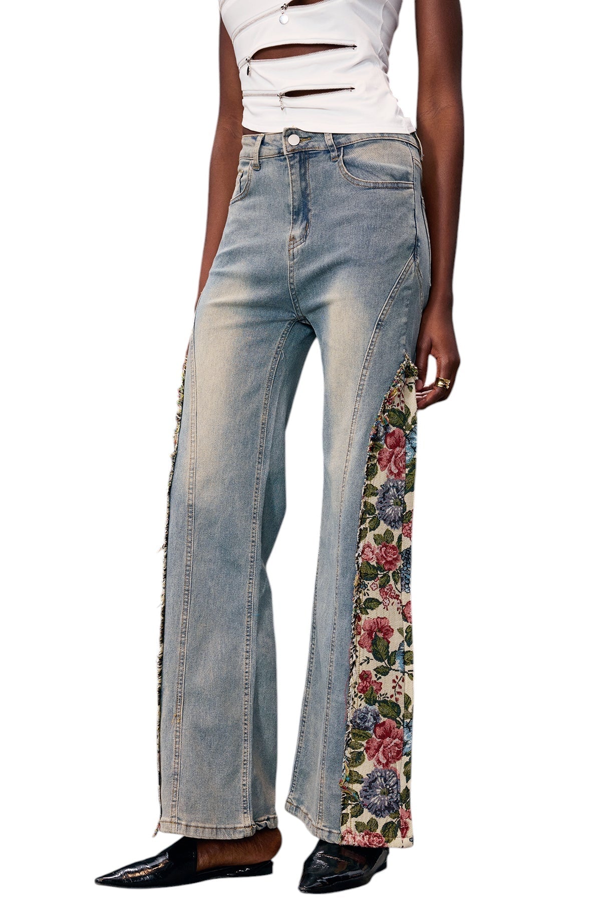 Parçalı Çiçek Detaylı Jean