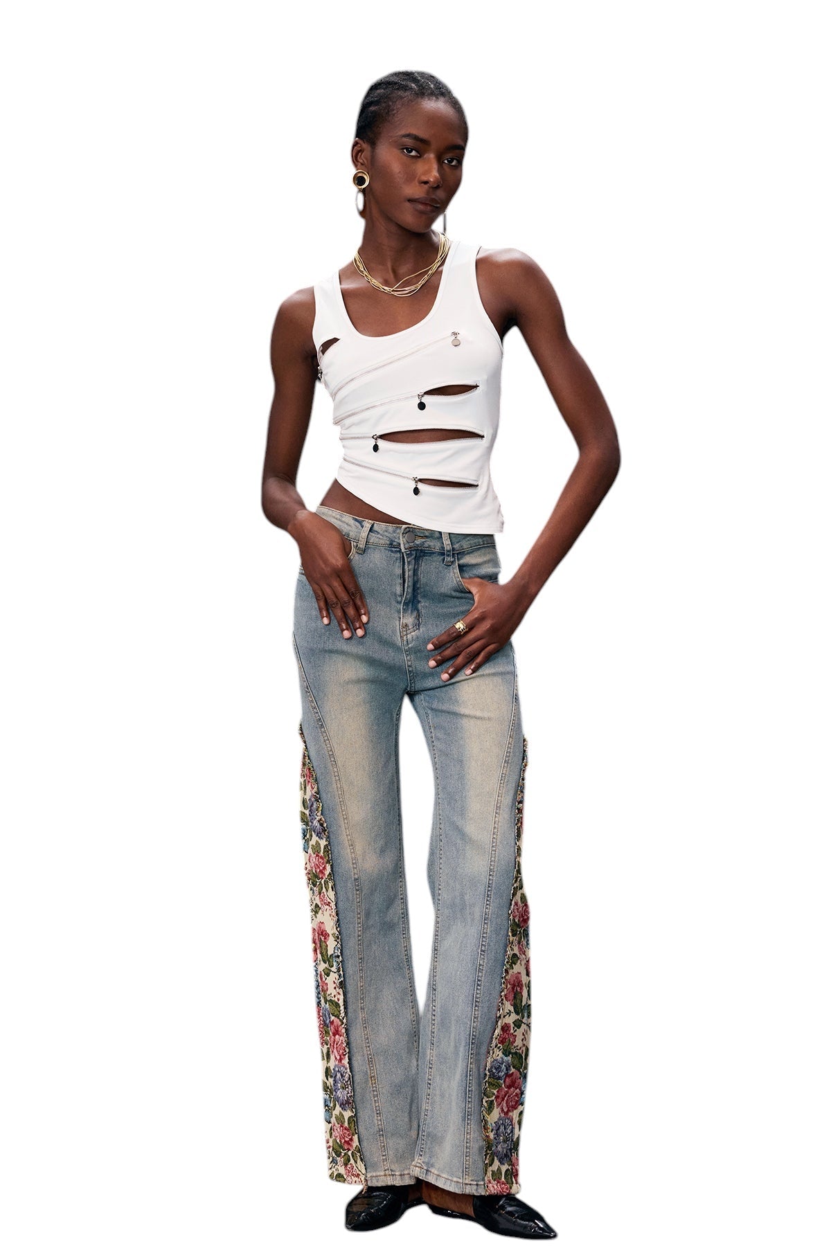 Parçalı Çiçek Detaylı Jean
