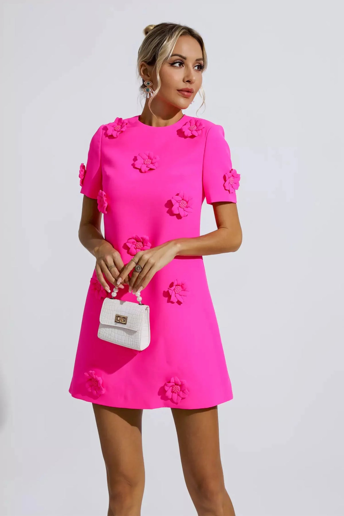 Astrid Rose Kırmızı Jakarlı Çiçekli Mini Elbise (Küçük Beden)