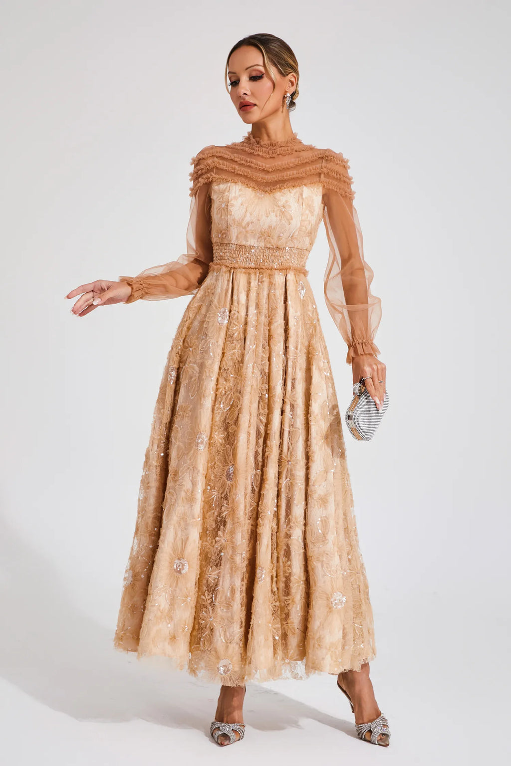 Dantel ve Payetli Maxi Elbise