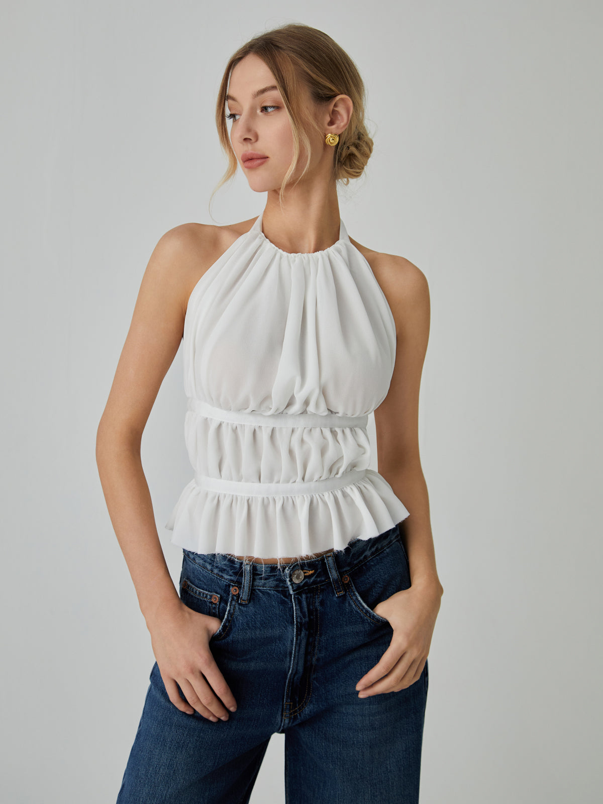 Bağcıklı Arkasız Şifon Kısa Üst