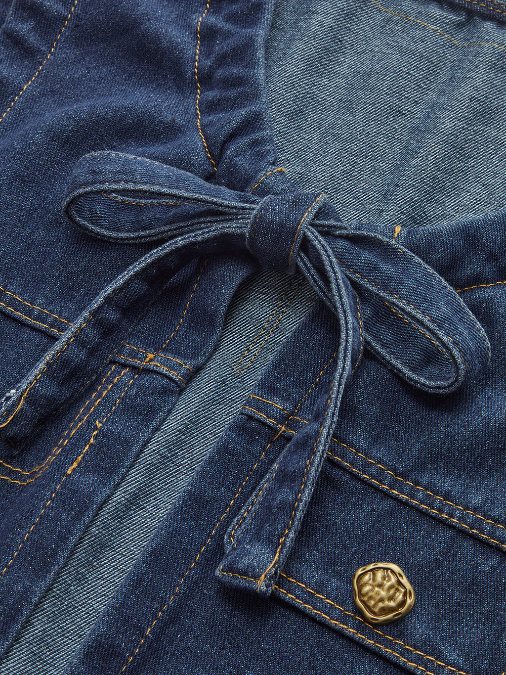 Kravat Yaka Cepli Pileli Denim Uzun Üst