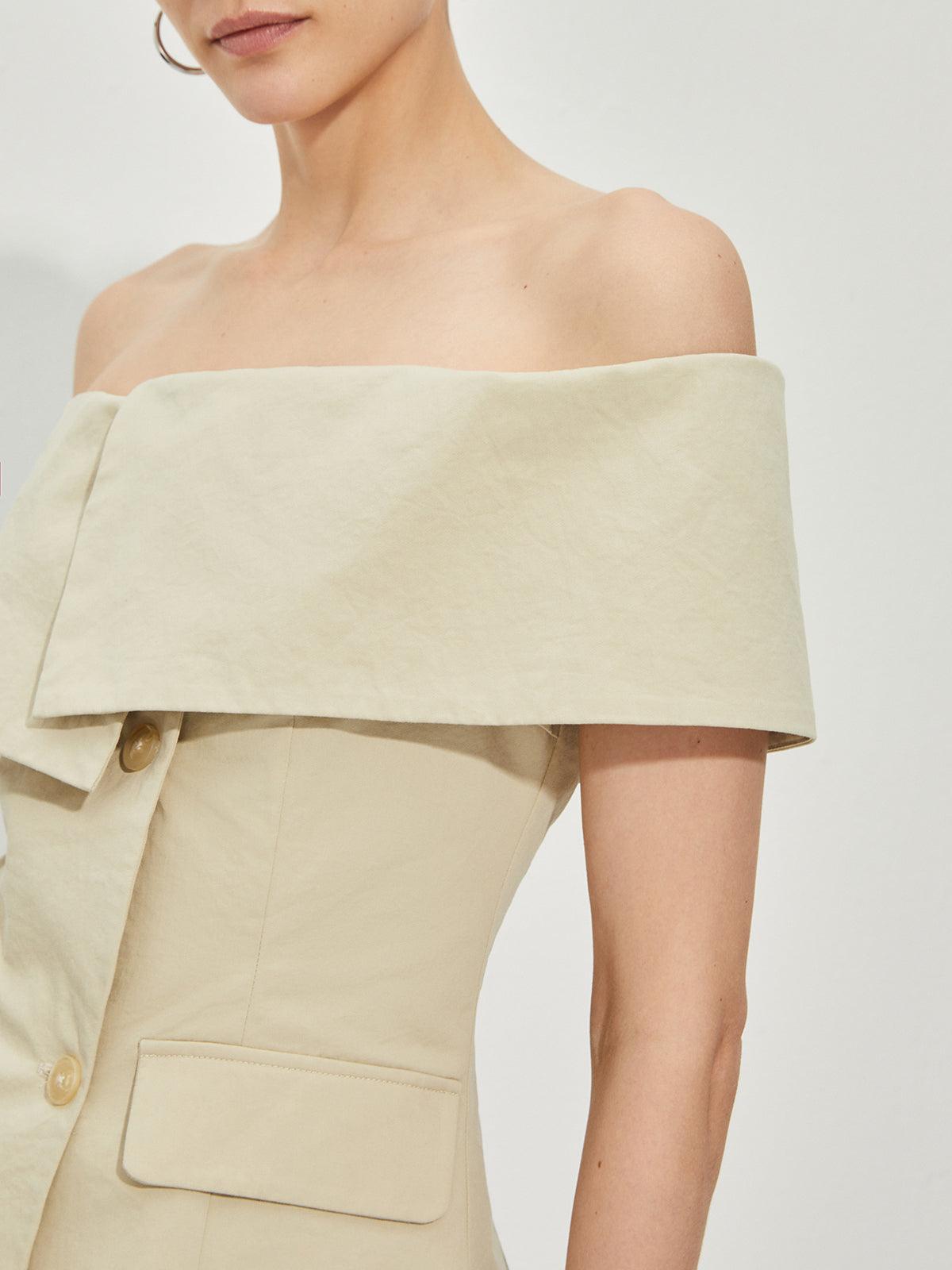 Off-Shoulder Detaylı Krem Renk Blazer Üst