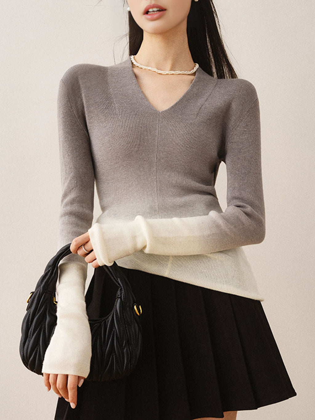 V-Yaka Gradiyen İnce Triko Bluz