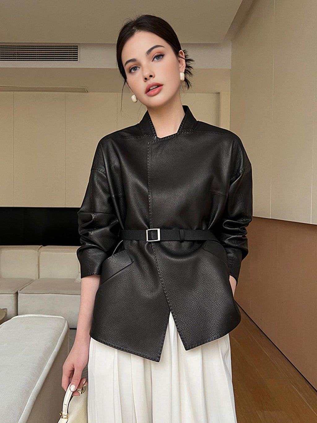 Obsidian Belted Leather Blazer