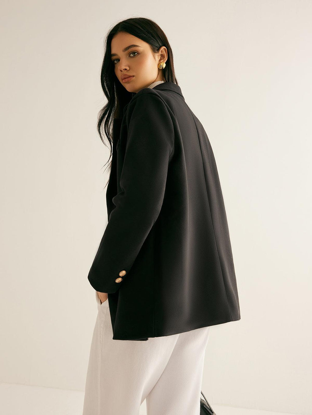 Altın Düğme Detaylı Siyah Oversize Blazer Ceket