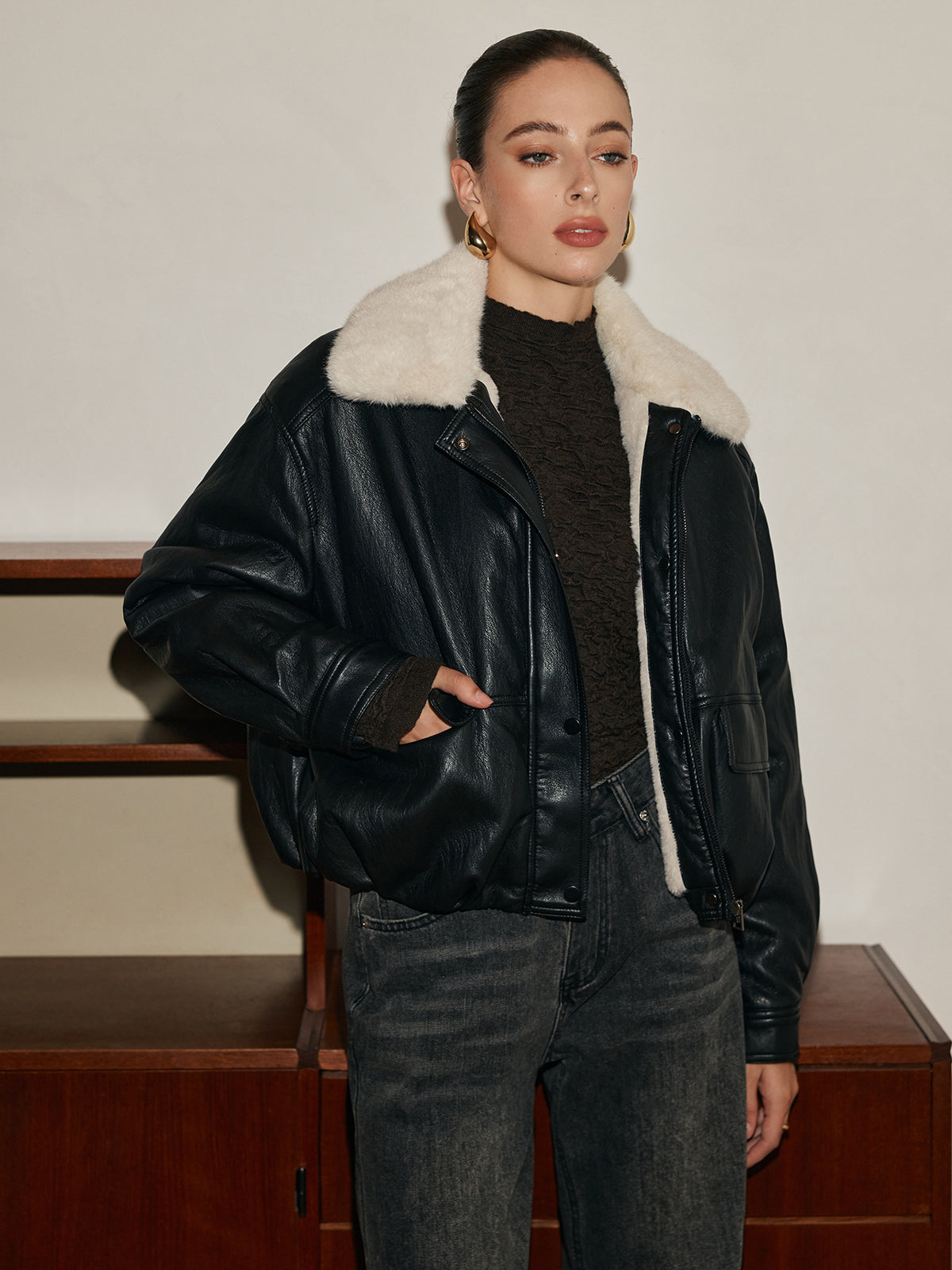 Polar Astarlı Suni Deri Fermuarlı Kaban