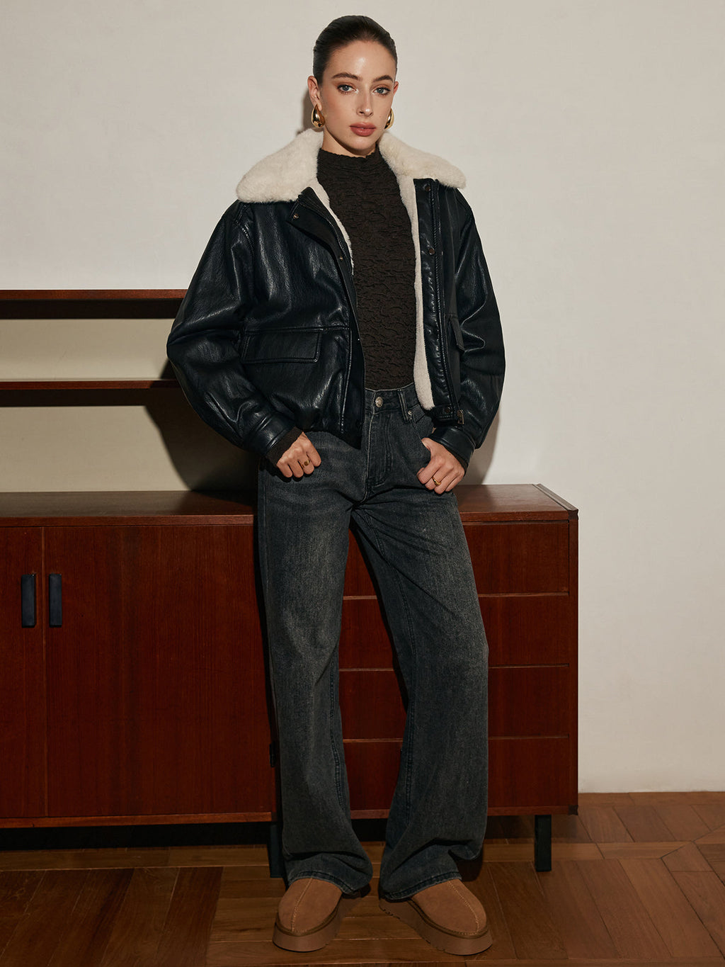 Polar Astarlı Suni Deri Fermuarlı Kaban