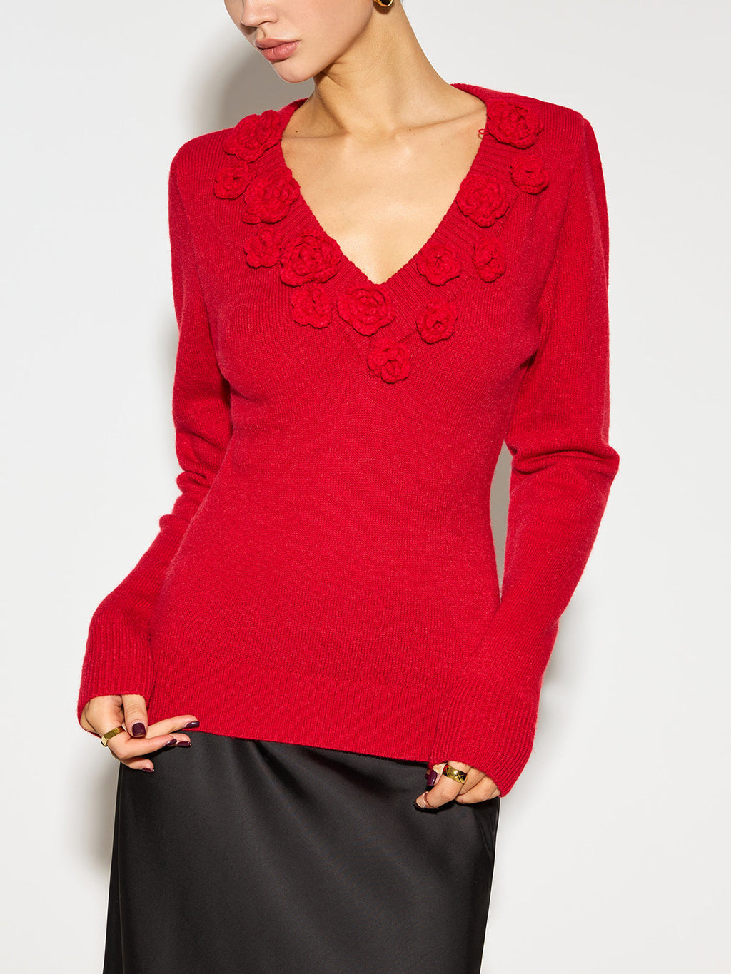 V Yaka 3D Çiçekli Skinny Örgü Üst