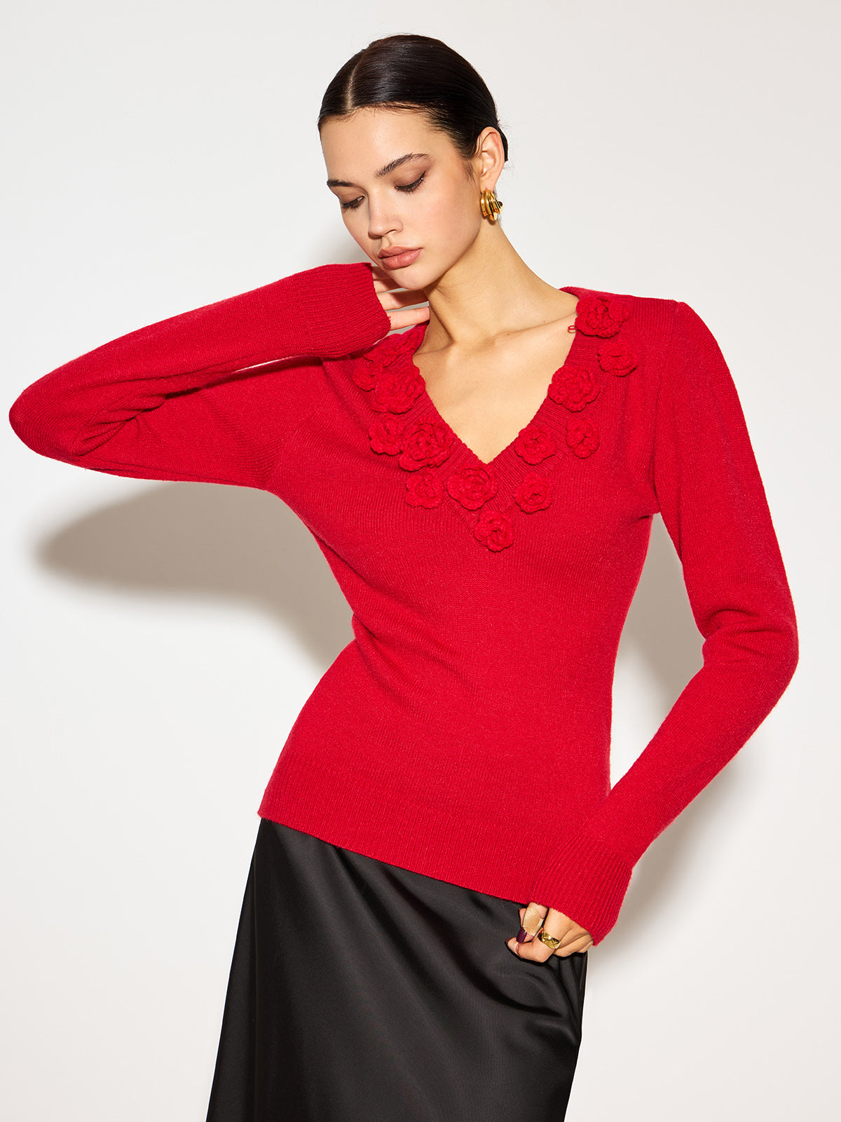 V Yaka 3D Çiçekli Skinny Örgü Üst