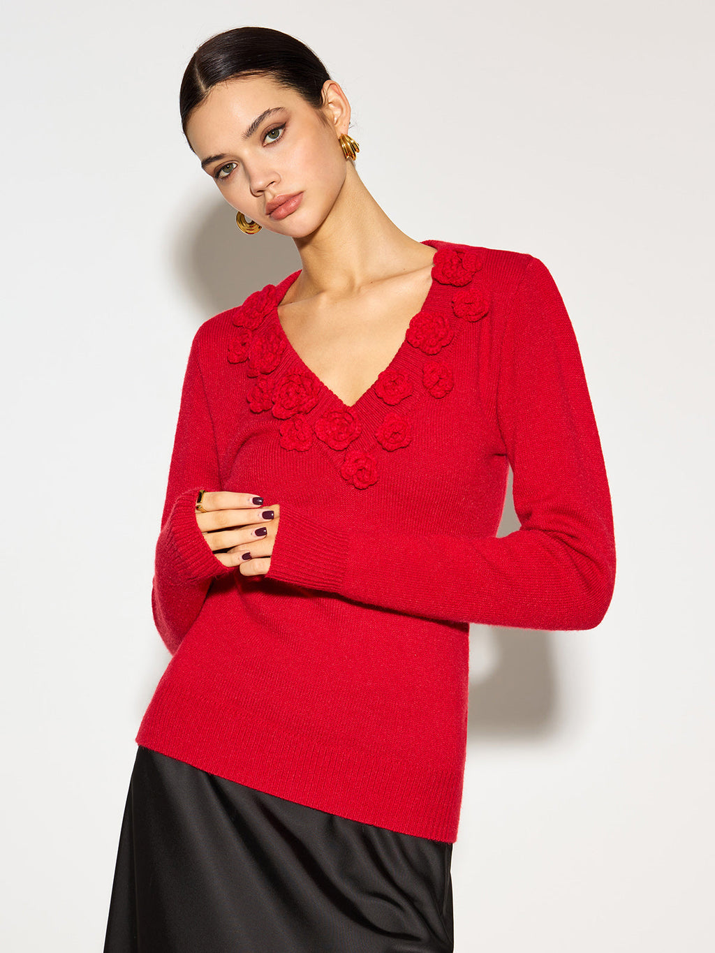 V Yaka 3D Çiçekli Skinny Örgü Üst