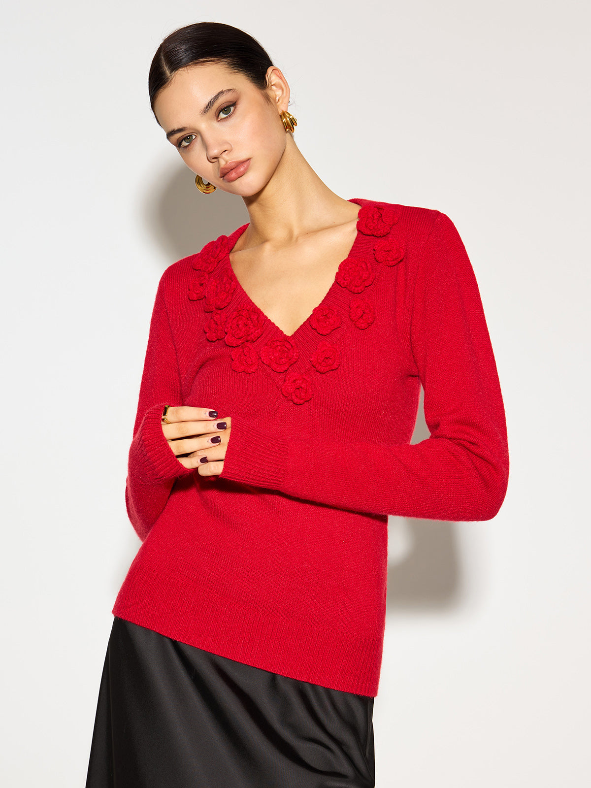 V Yaka 3D Çiçekli Skinny Örgü Üst