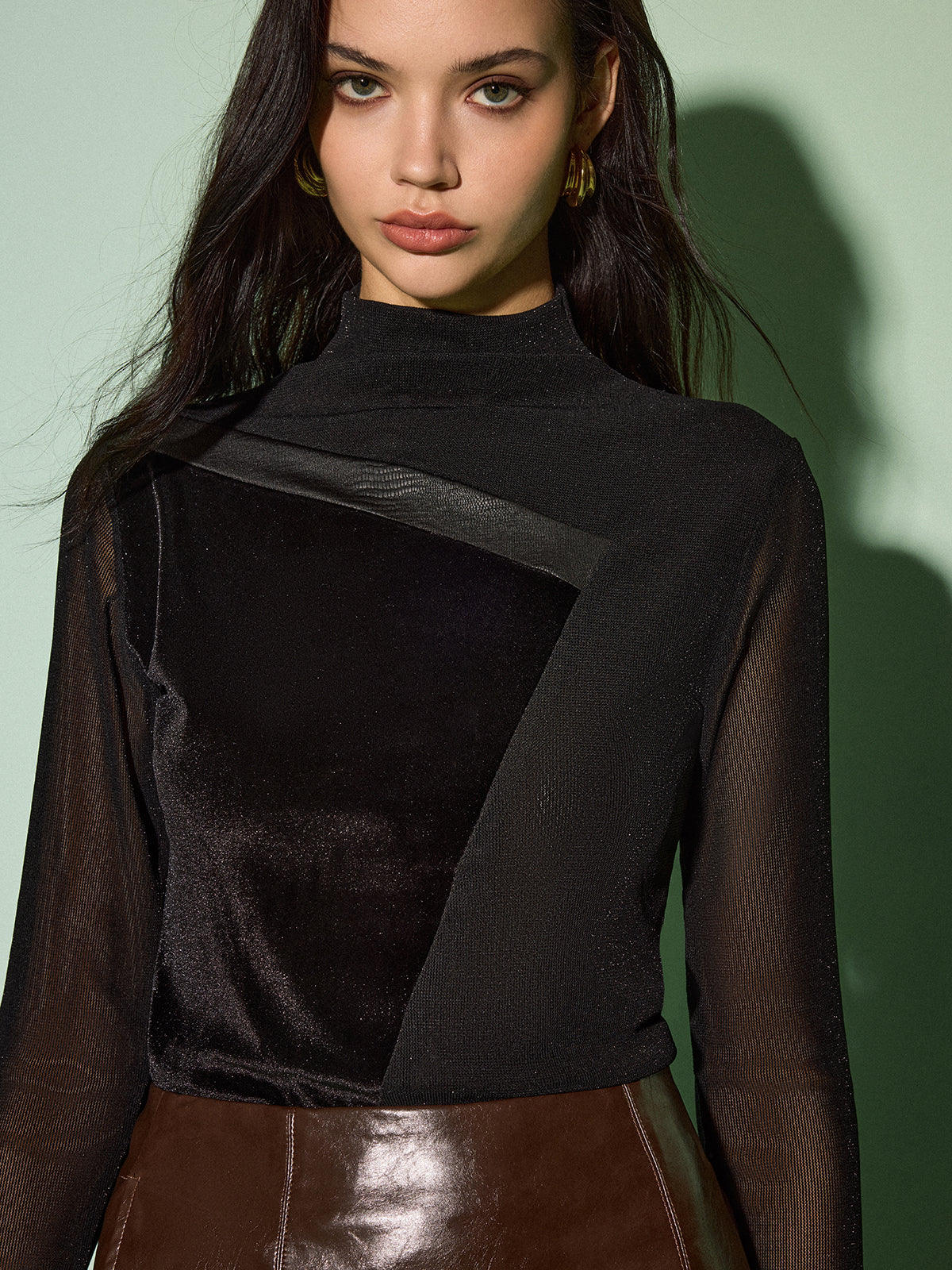 Mock Yaka Kadife File Slim Üst