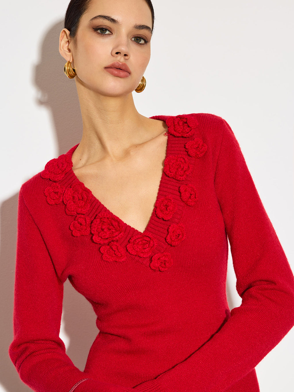 V Yaka 3D Çiçekli Skinny Örgü Üst