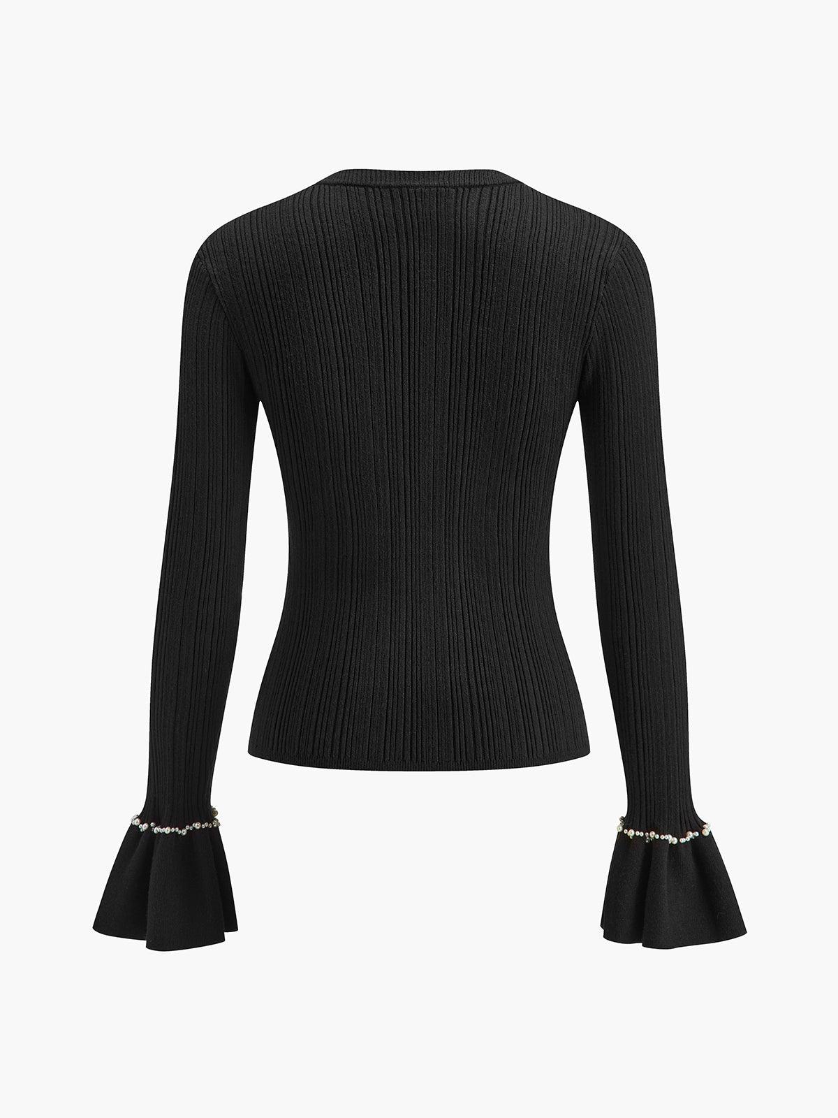 Siyah İnci Detaylı Fırfır Kol Triko Kazak