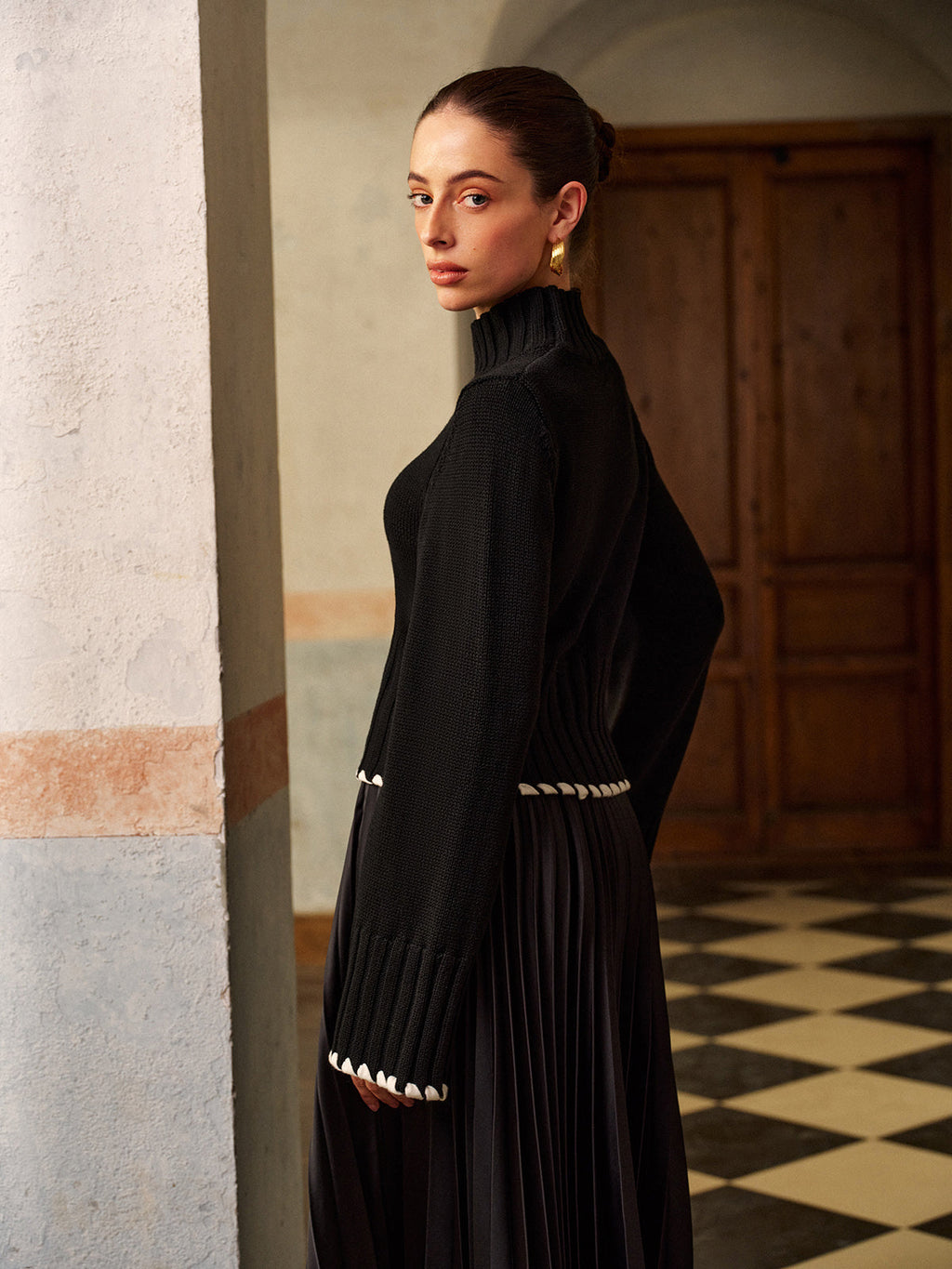 Yün Karışımlı Kontrast Biye Nervürlü Örgü Üst