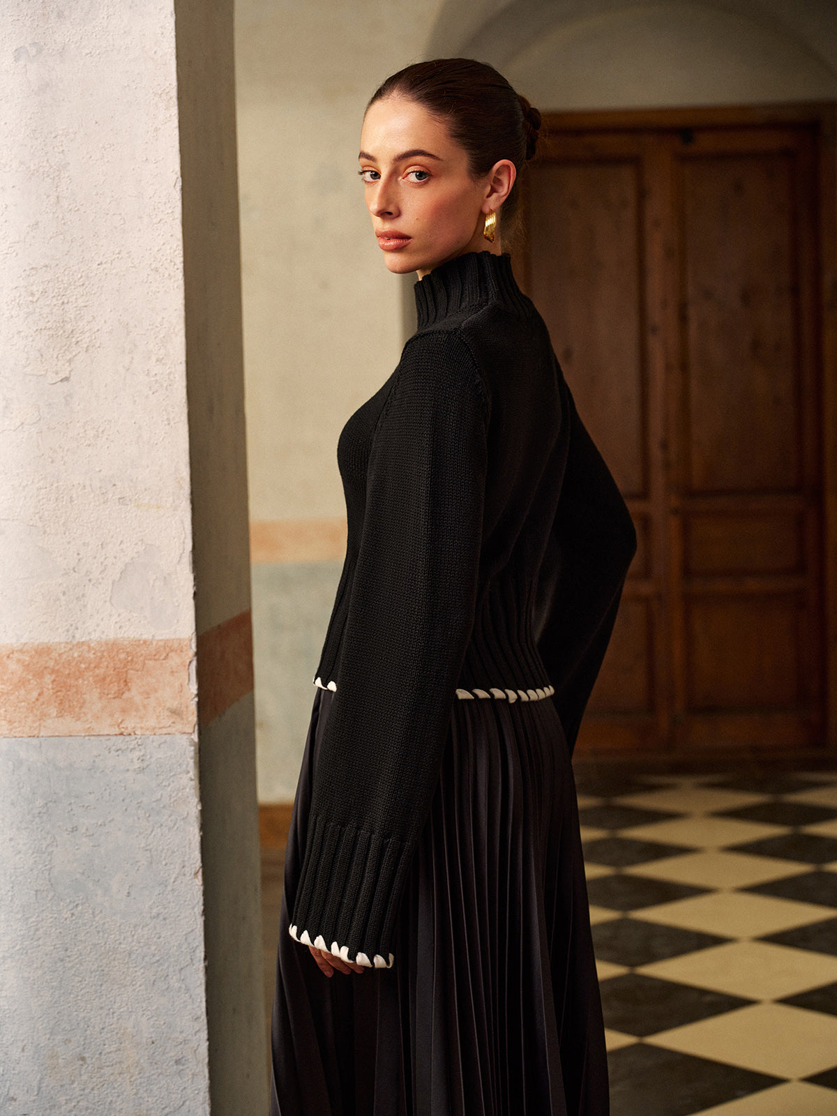 Yün Karışımlı Kontrast Biye Nervürlü Örgü Üst