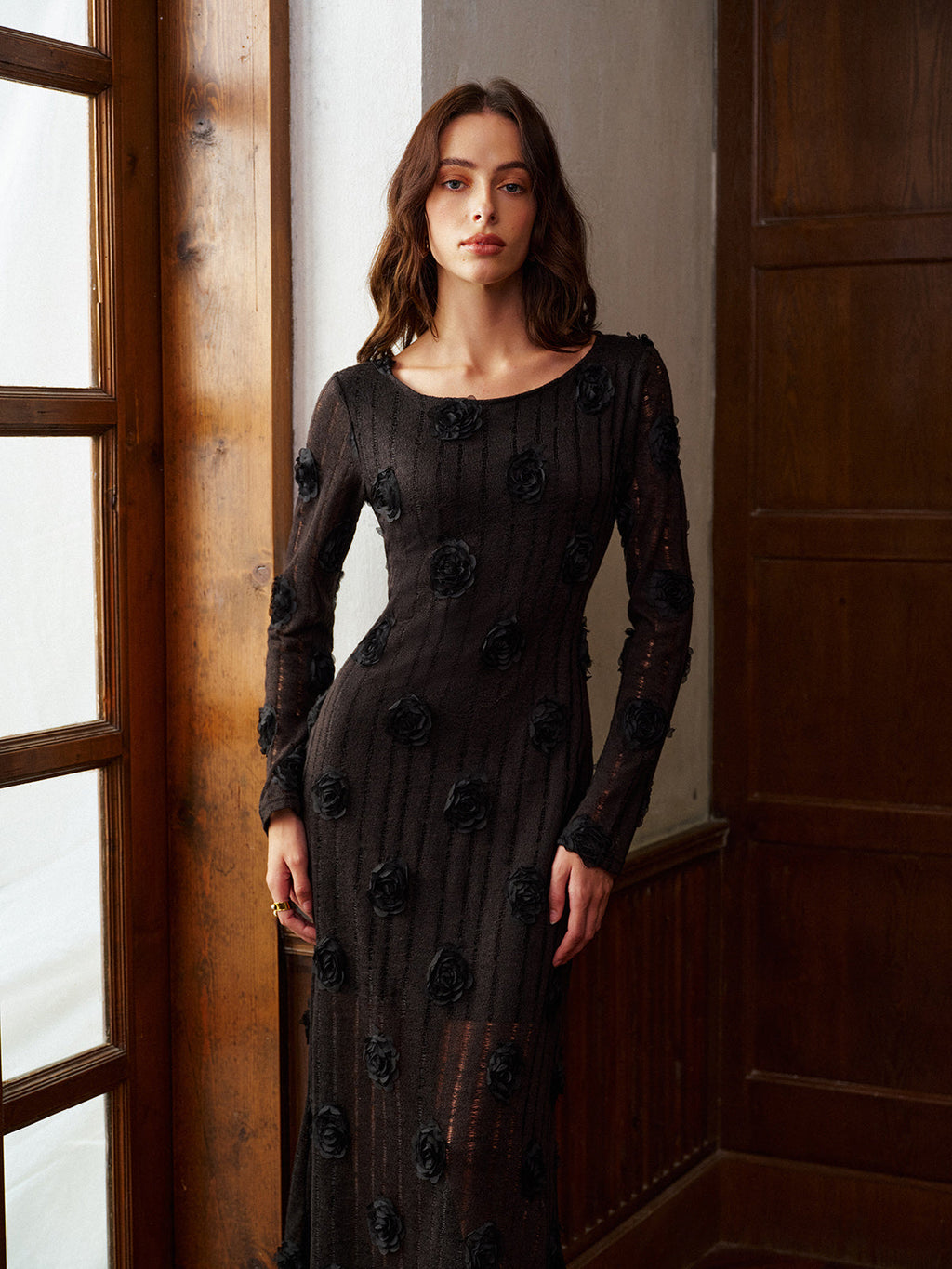 Büyüleyici 3D Çiçekli Uzun Kollu Abiye Elbise