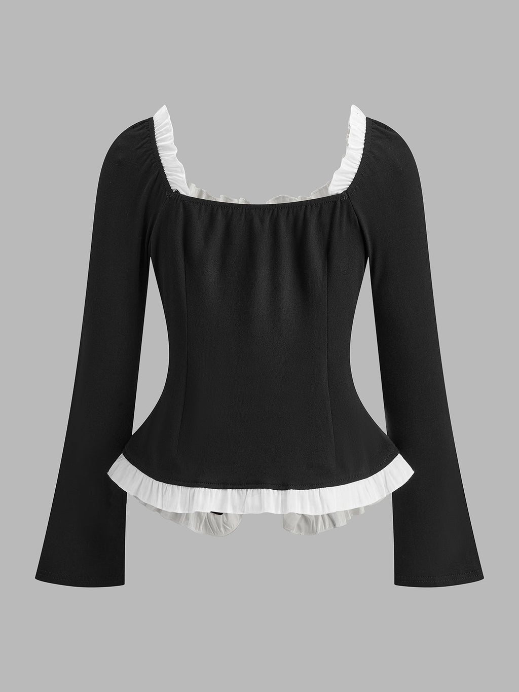 Kare Yaka Kontrast Marul Kesimli Yırtmaçlı Bluz