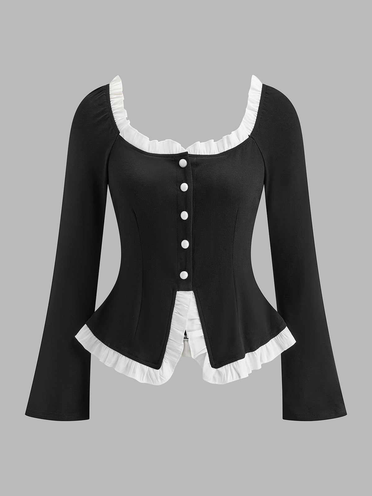 Kare Yaka Kontrast Marul Kesimli Yırtmaçlı Bluz