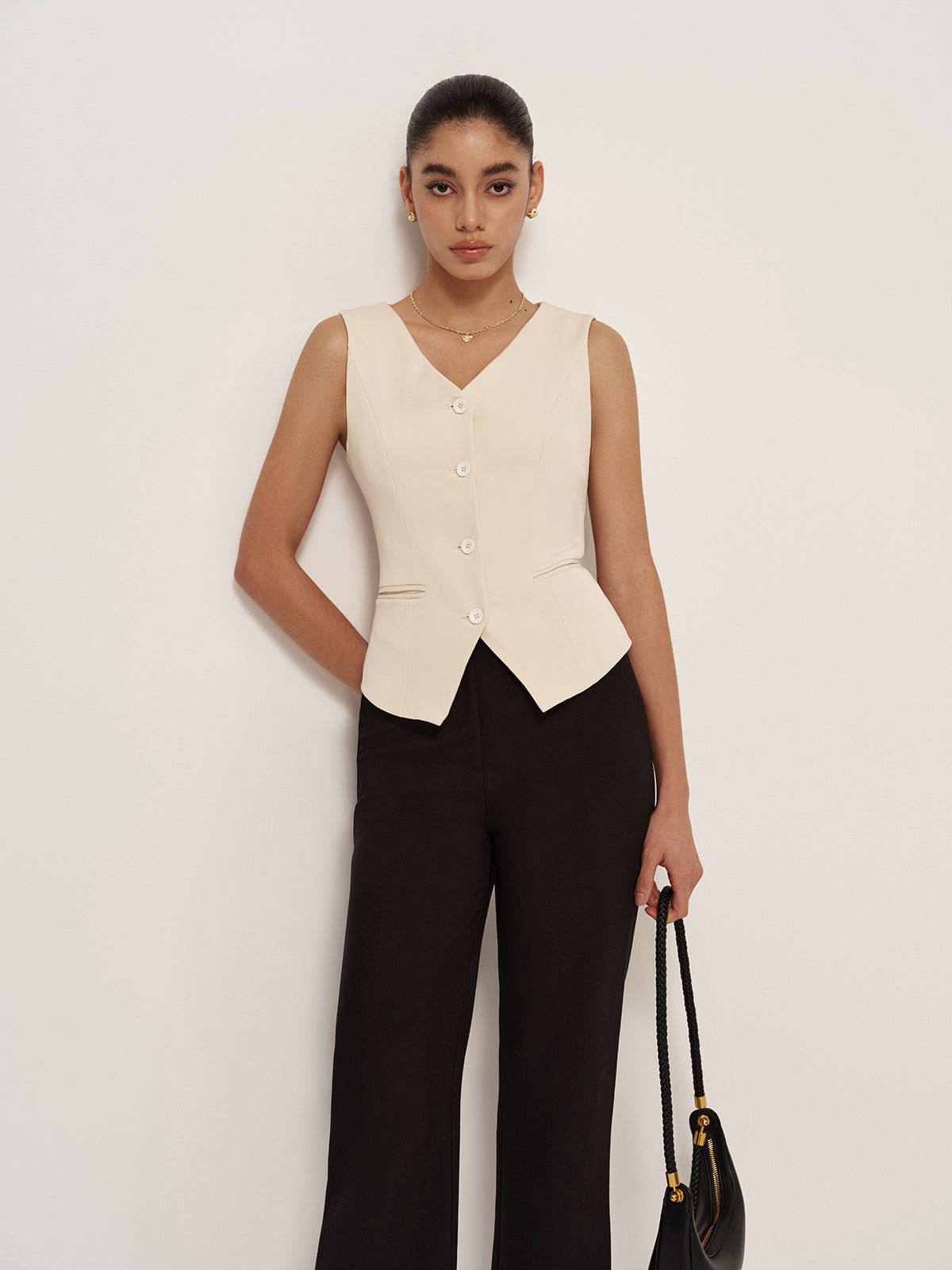 V Yaka Düğmeli Cepli Yelek